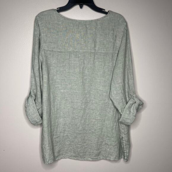 Tahari Women's 1X 100% Linen Tunic Top Sage Green Roll Tab Sleeve Lightweight - Picture 7 of 9